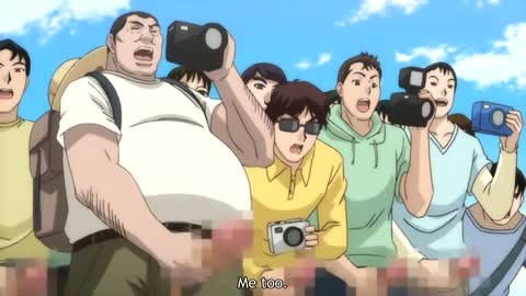 Cute anime teen in waitress outfit masturbates while guys cum all over her